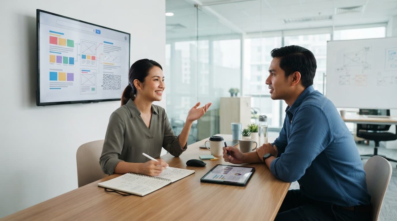 Two marketing professionals review SEO charts beside a monitor in a modern office.