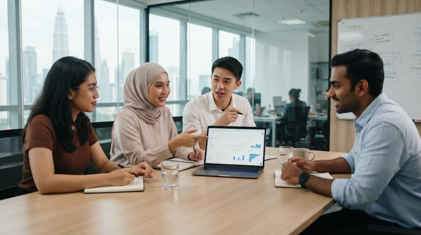Malaysian business team discussing SEO around a laptop in a bright office.