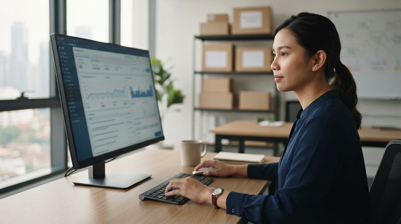 A Malaysian SEO specialist reviews ecommerce links on a desktop monitor.