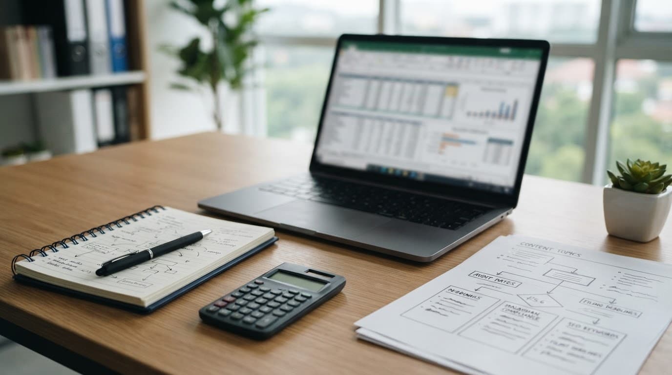 Laptop, calculator, notebook, and planning sheets arranged on a modern office desk.