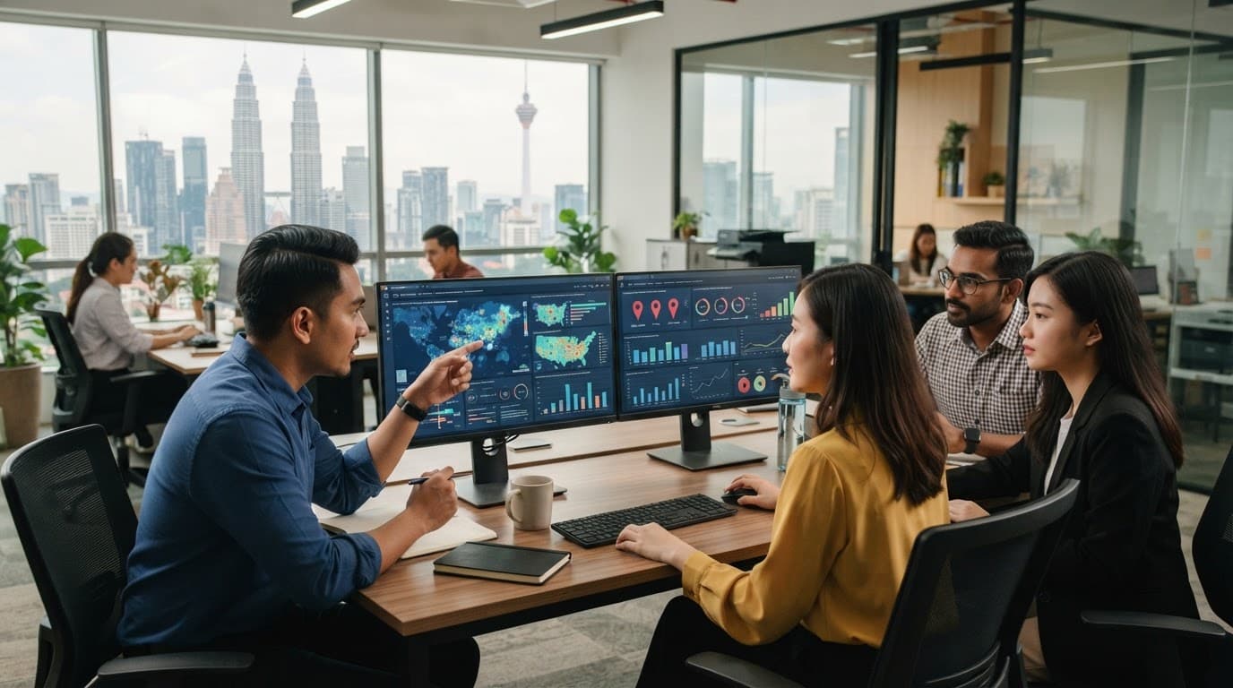 Malaysian marketers review location analytics on dual monitors in a bright office.