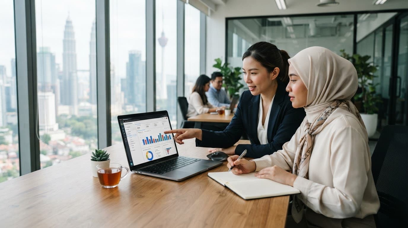 Two Malaysian marketers review a search dashboard on a laptop in a bright office.