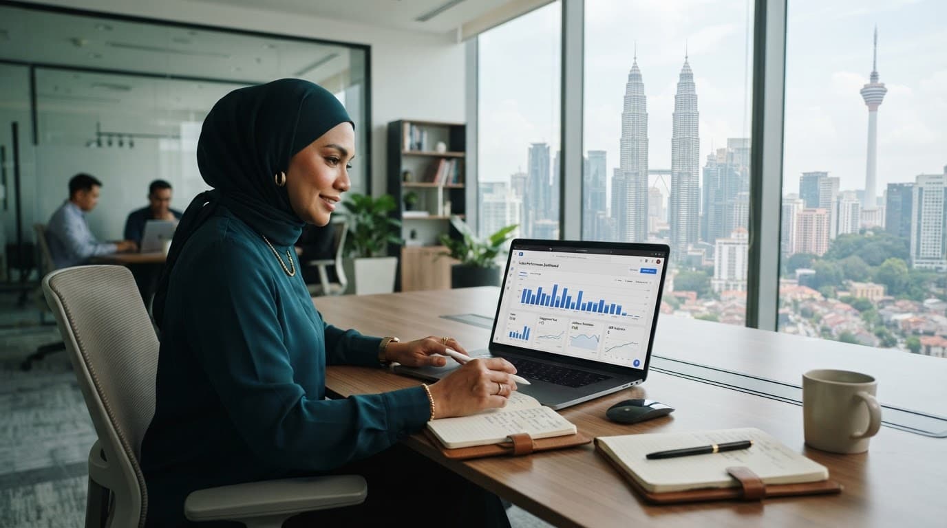 Malaysian business owner reviewing video analytics on a laptop in a bright office.