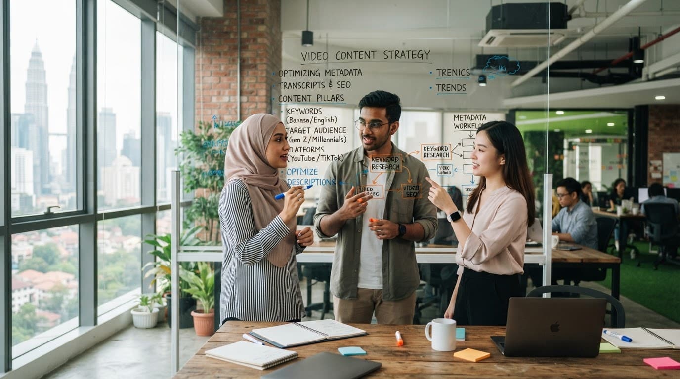 Three marketing professionals plan video content around a glass whiteboard in a bright office.