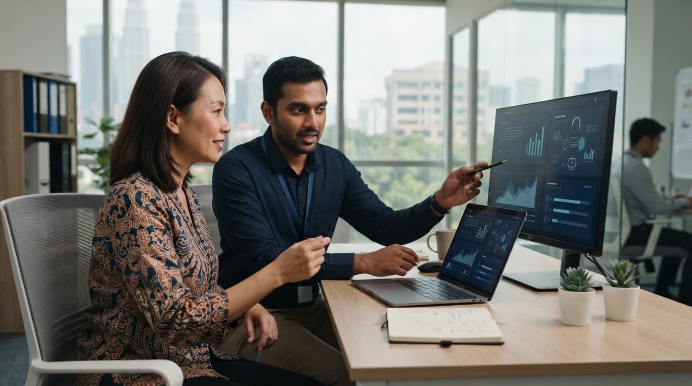 Two professionals review website security visuals on a laptop and monitor.