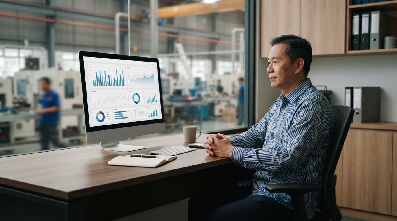 A Malaysian factory owner studies abstract charts on a monitor beside a window.
