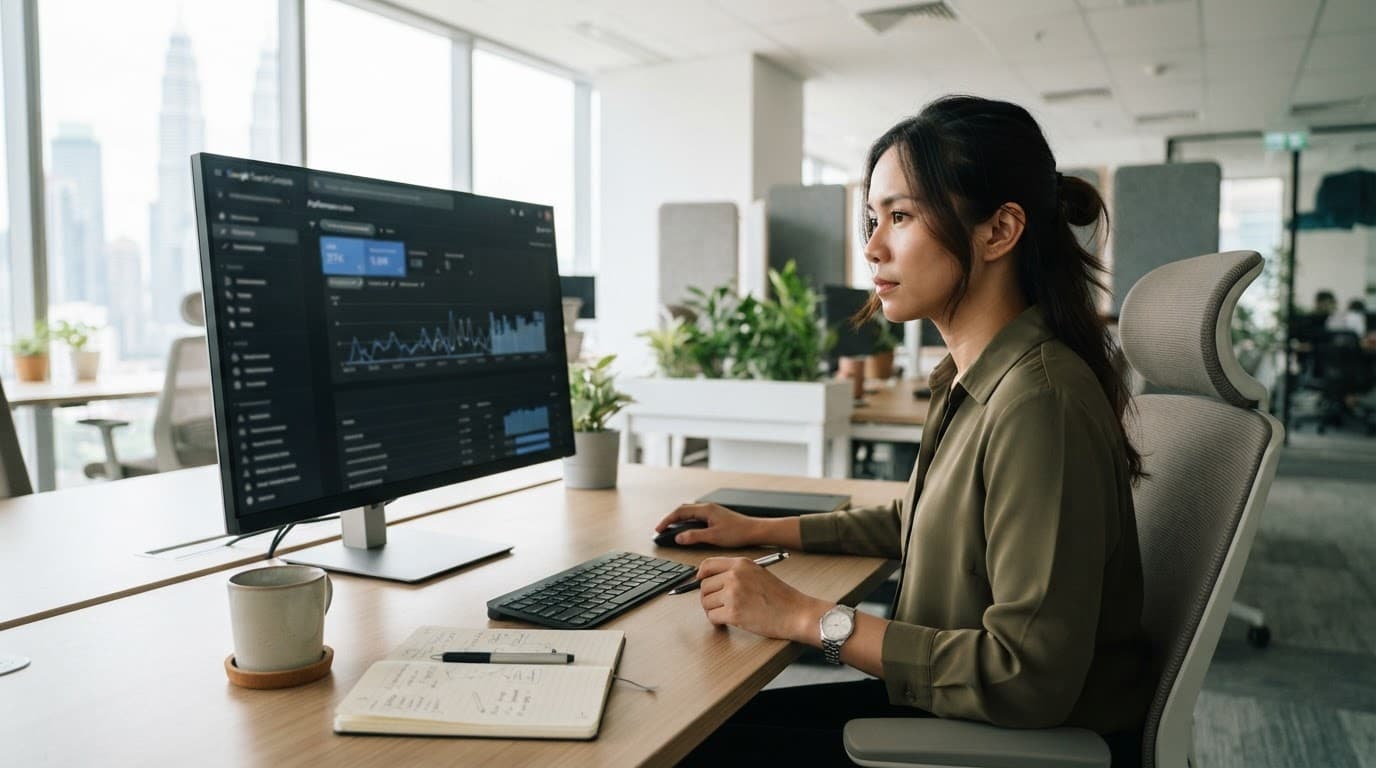 A marketer reviews website performance data on a computer in a bright office.