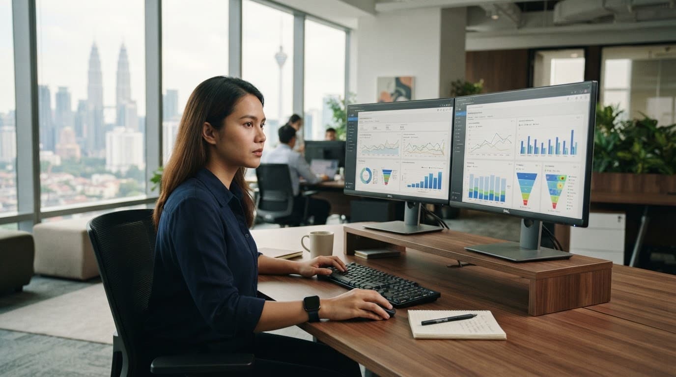 Marketing professional viewing analytics dashboards on two monitors in a modern office.