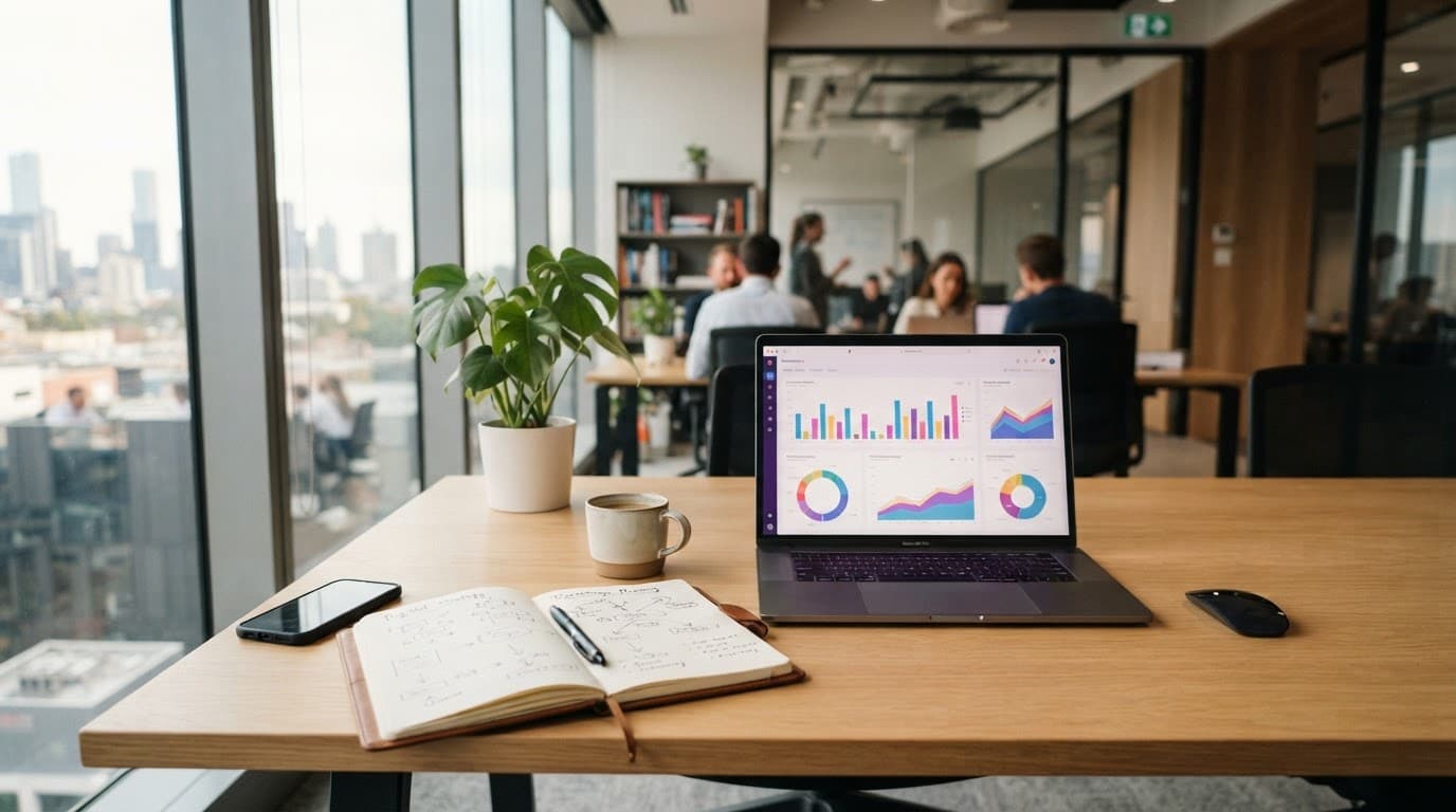 Laptop with website analytics and strategy notes on a clean office desk.
