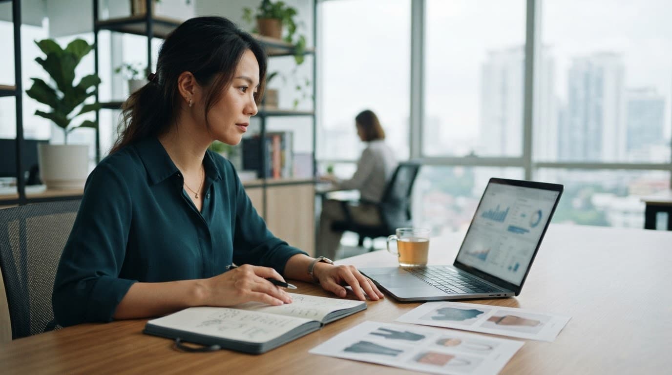 A manager reviews blurred charts beside product cards and a notebook at an office desk.