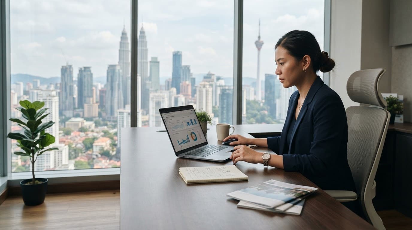 Property professional reviewing data on a laptop beside brochures and a Kuala Lumpur skyline.