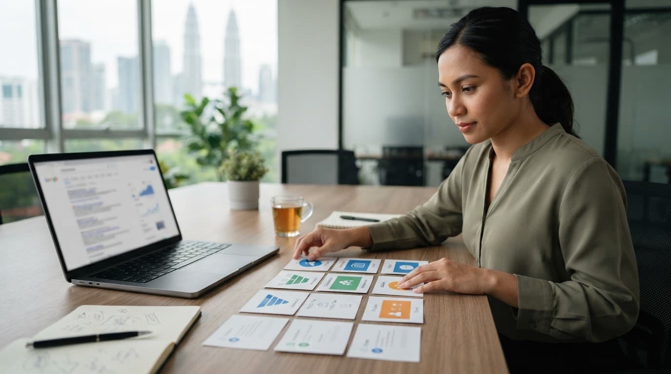 A strategist arranges page cards beside a laptop during an SEO planning session.
