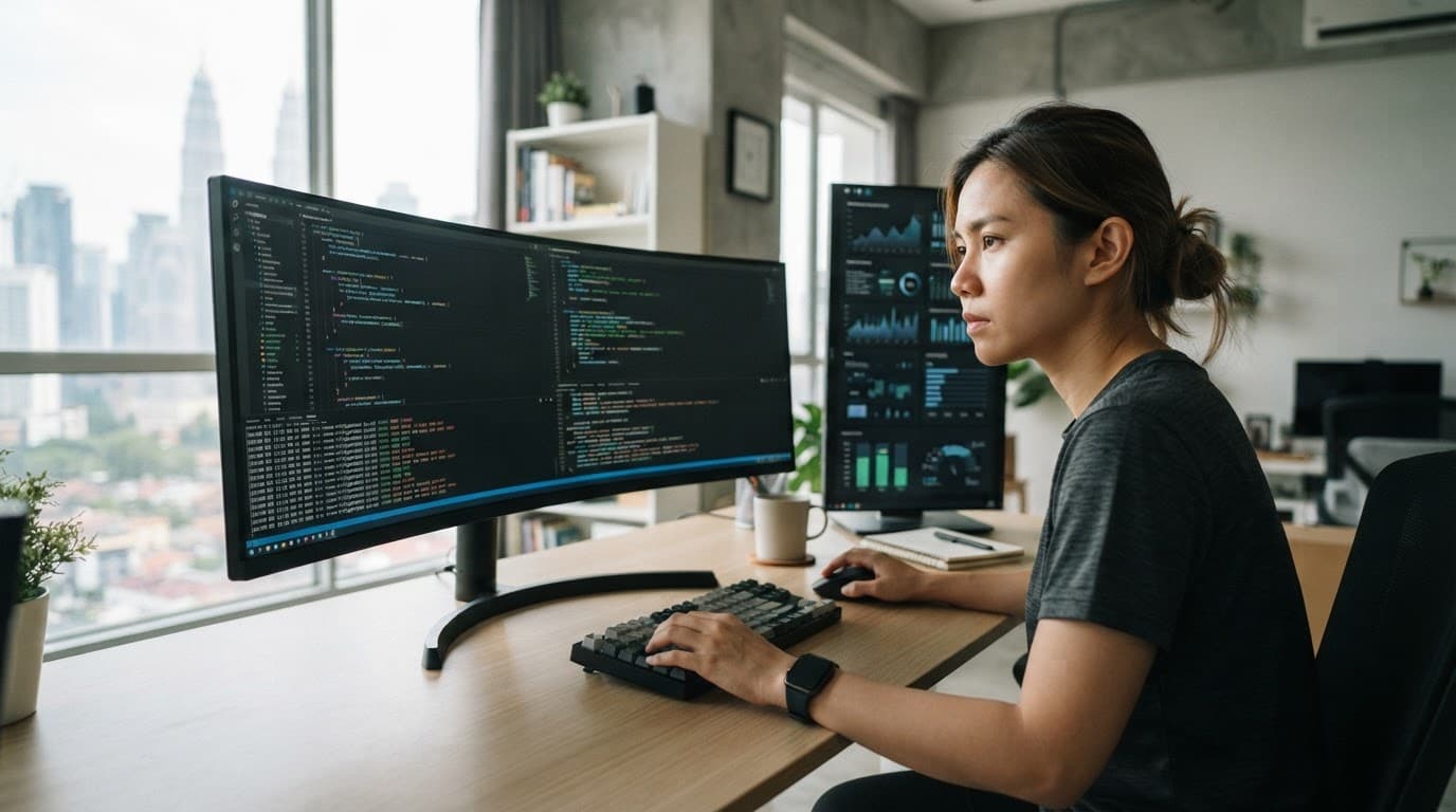 Engineer reviewing code and server logs on a widescreen monitor.