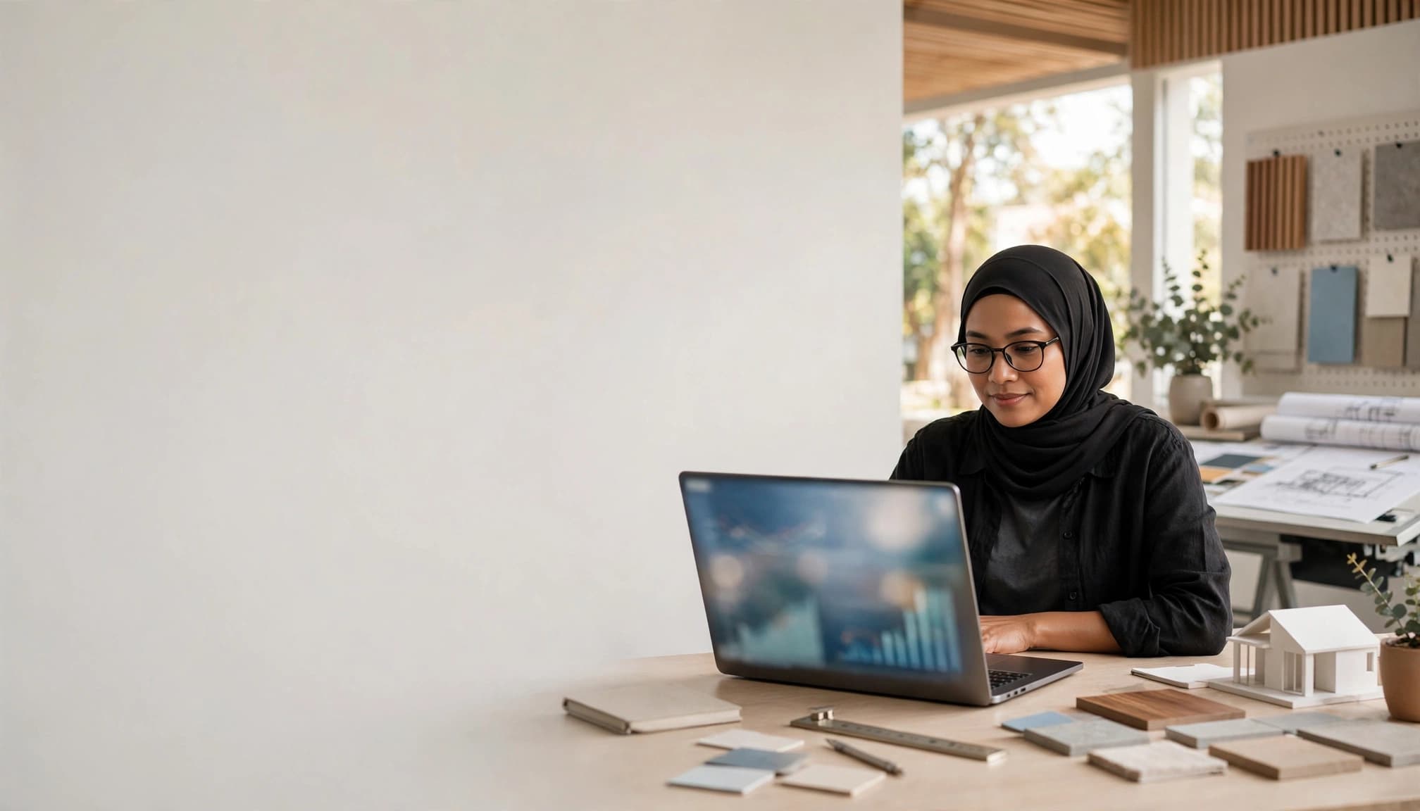 Architect reviewing charts on a laptop in a bright studio.