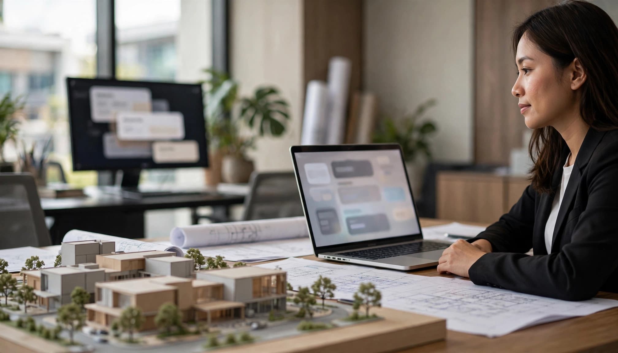 A marketing specialist views a laptop beside building plans and an architectural model.