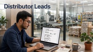 A strategist reviews search data beside a Malaysian manufacturing floor.