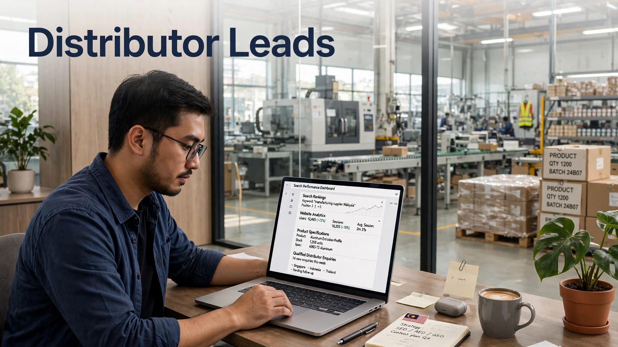 A strategist reviews search data beside a Malaysian manufacturing floor.