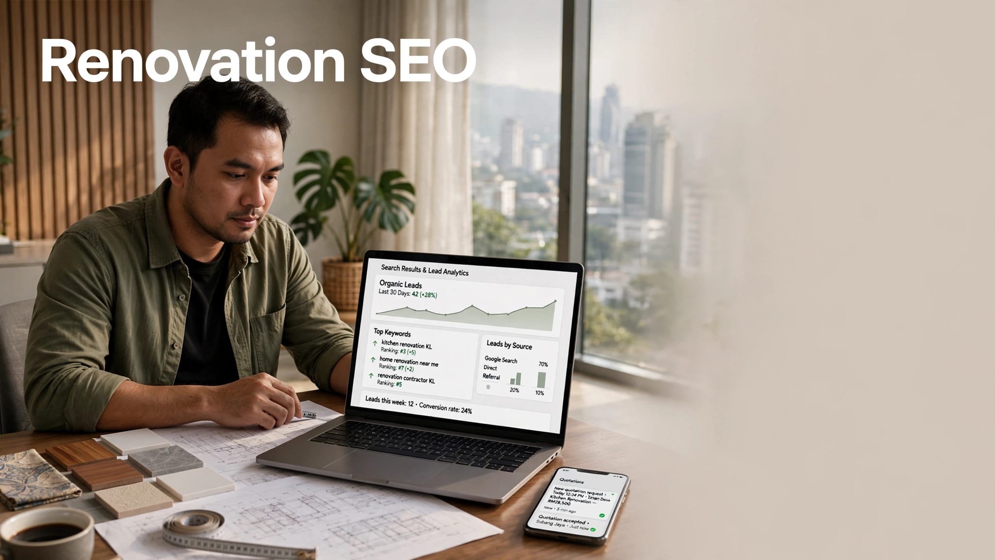 Man seated at a desk reviewing SEO analytics on a laptop, city skyline visible through a window behind him, with 'Renovation SEO' overlayed text.