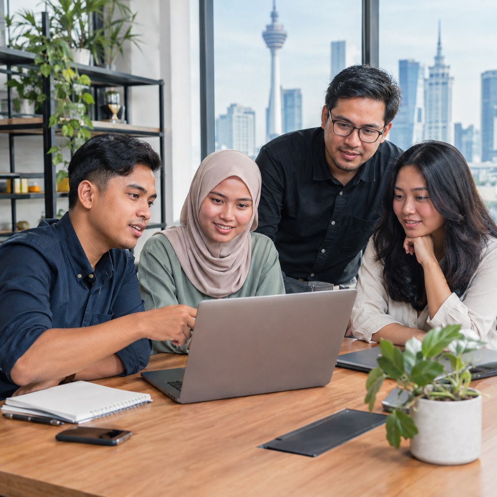 Four colleagues of diverse backgrounds gather around a laptop at a wooden table in a bright office, collaborating with a city skyline outside.